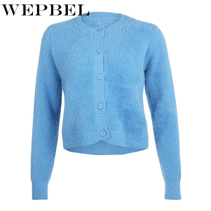 

WEPBEL Women Elegant Fleece Knitted Cardigan Sweater Ladies Spring Autumn Long Sleeve O Neck Single Breasted Short Knitwear