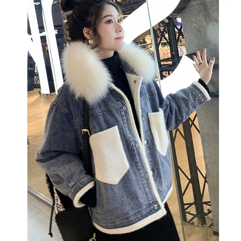 Large Fur Collar Parkas Plus Velvet Denim Cotton Jacket Women Autumn Winter Wild 2021 Thick Korean Loose Stitching Cotton Coat