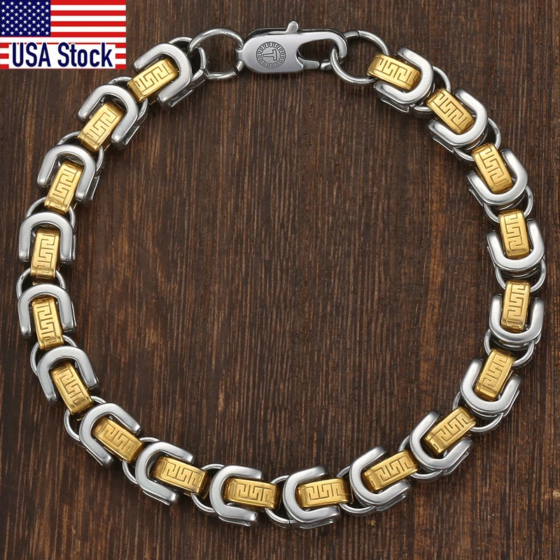 

8mm Heavy Byzantine Box Link Chain Bracelet Men Boys Yellow Gold Silver Color Stainless Steel Greek Pattern Punk Jewelry KB422