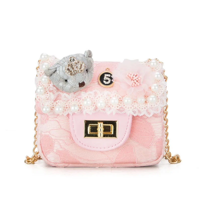 

2021 Girl satchel bag sequins cute princess pearl messenger bag for baby girls flower purse handbag sequin shoulder bags