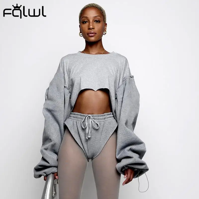 

FQLWL Fall Winter Gray Bandage Shorts Suits Sexy 2 Two Piece Sets Womens Club Outfits Loose O Neck Long Sleeve Crop Top Women