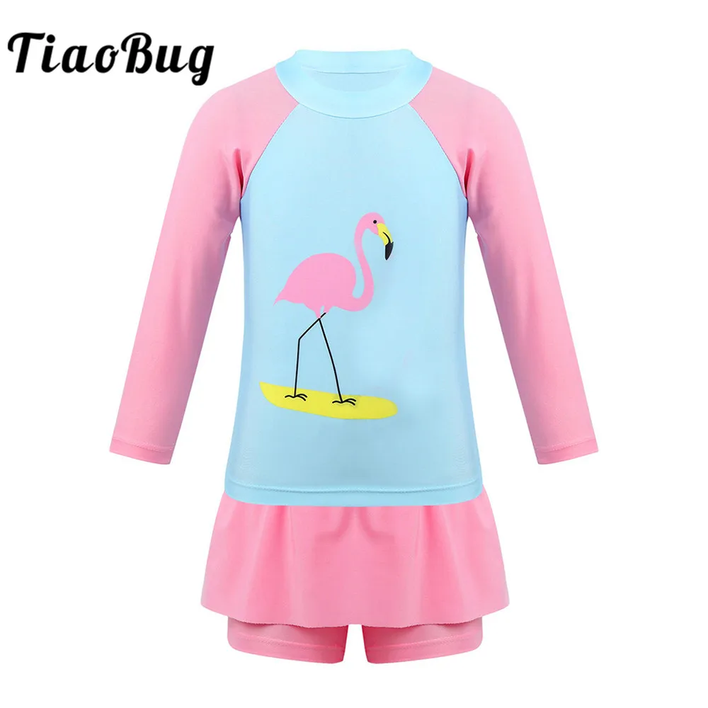 

Kids Girls Long Sleeves Flamingo Printed Rashguard Swimsuit Bathing Suit Tops with Bottoms Children Tankini Set Beach Swimwear