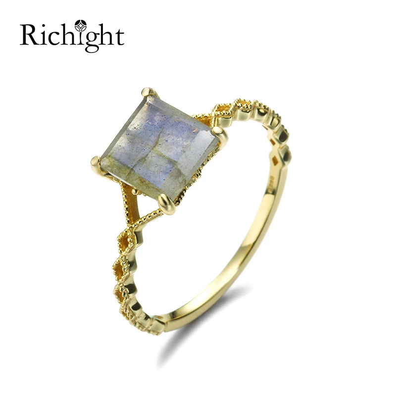 Обручальное кольцо в стиле ретро квадратное Радужное с лабрадоритом женское из
