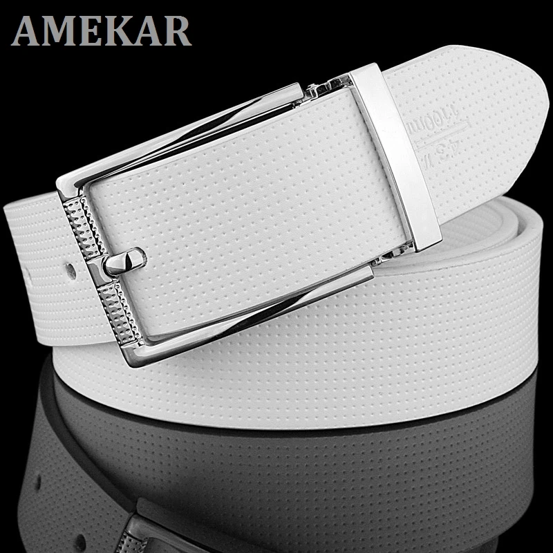 

High Quality pin buckle White genuine Leather Waistband casual ceinture homme Fashion Men Belts Classic designer Waist Strap