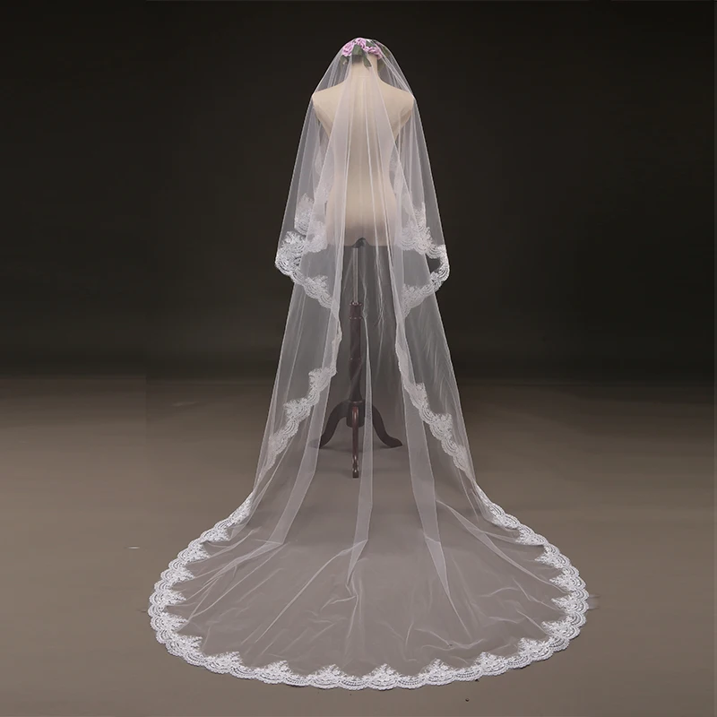 Свадебные аксессуары Длинная свадебная вуаль с кружевом высшего качества 1 слой