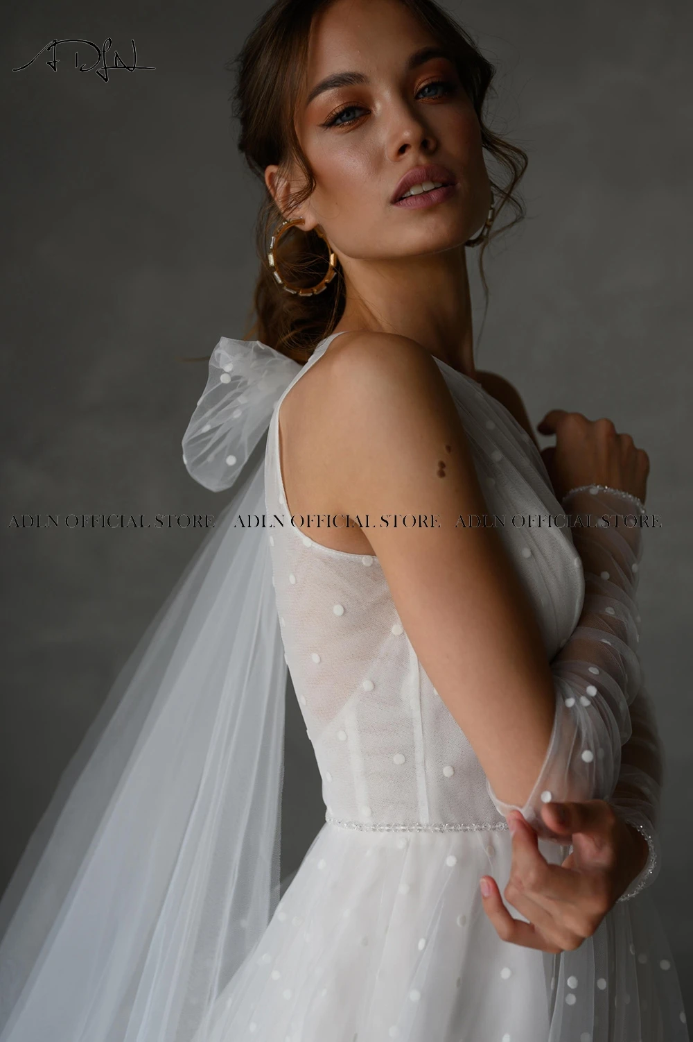 

ADLN Fairy Dot Tulle Wedding Dresses 2021 Jewel A-line Bride Dresses Custom Made Detachable Wedding Gown Custom Made