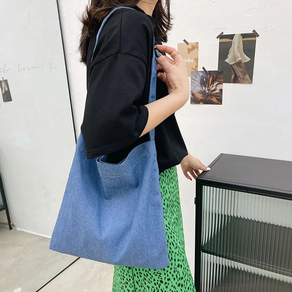 

Vintage Women Denim Solid Color Shoulder Shopping Bag Casual Ladies Large Capacity Tote Handbags