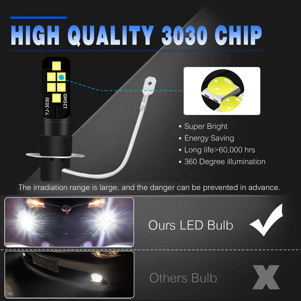 Светодиодные лампы H1 H3 2 шт. супер яркие противотуманные фары 3030 12SMD CREE с чипом 12 В