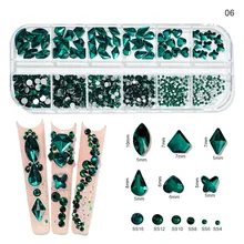 Caja de 12Gird para decoración de uñas, diamantes de imitación de varios tamaños AB/colorido Hotfix, cristal plano, gemas de diamante 3D, purpurina, decoraciones de lujo