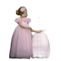 puffy tulle pink ball gown flower girl dresses long sleeve girl princess dress illusion girl wedding party dress first communion