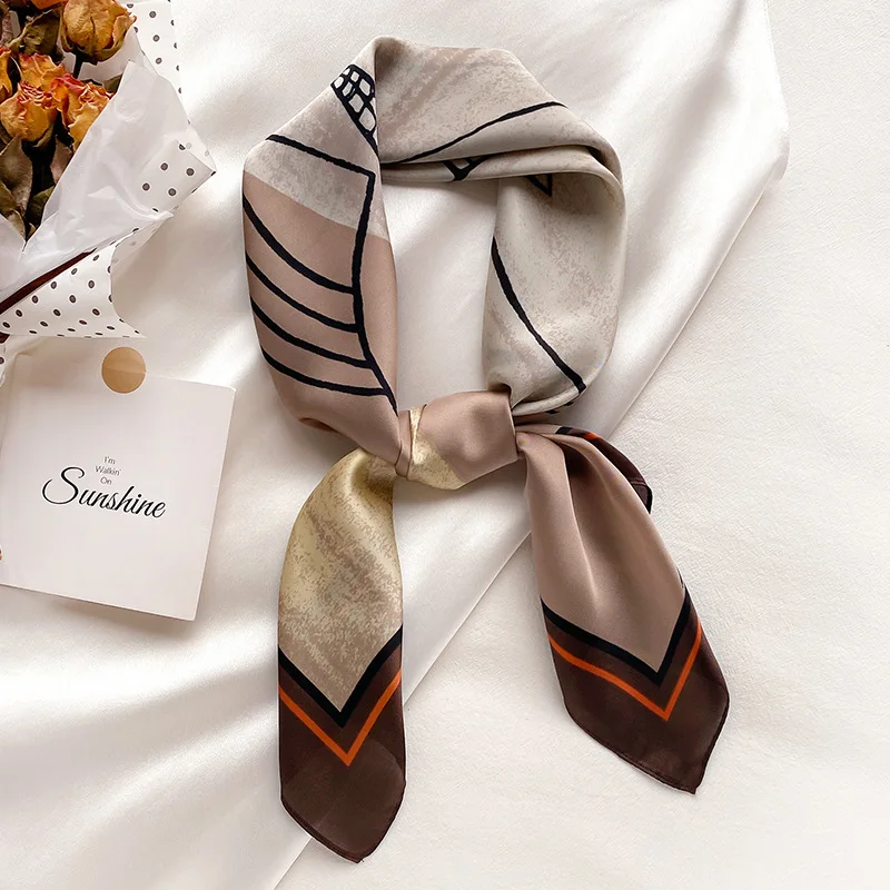 

70cm Silk Square Neck Foulard Bandana Hairband Spring Shawl Neckerchief Women 2021 Fashion Print Female Scarves