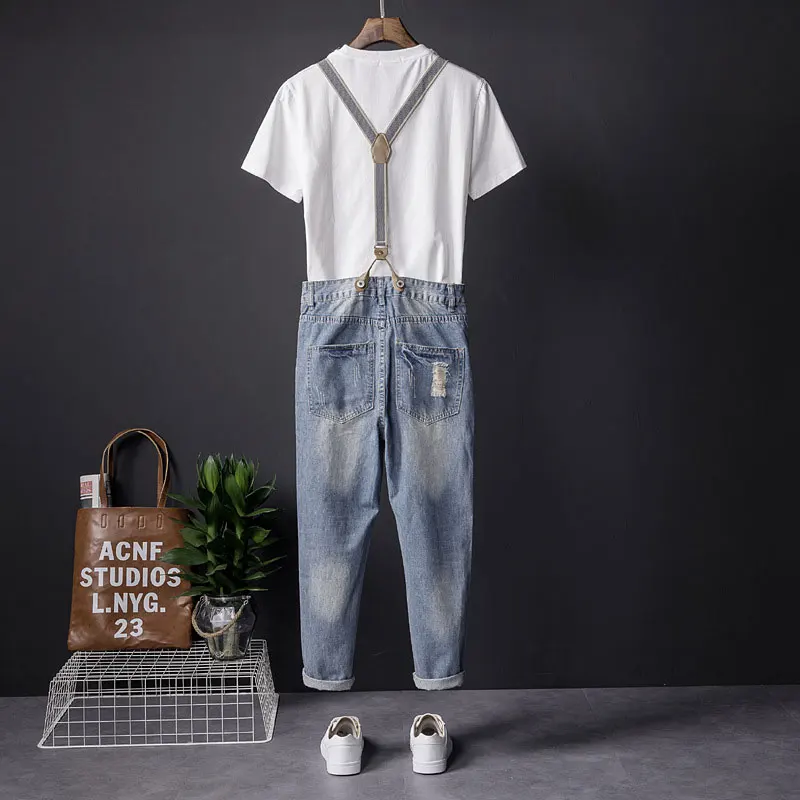 Men Ripped Jeans Bib Overalls Ankle Length Light Blue Streetwear Hip Hop Hole Denim Jumpsuits Trousers Leisure Freight Pants