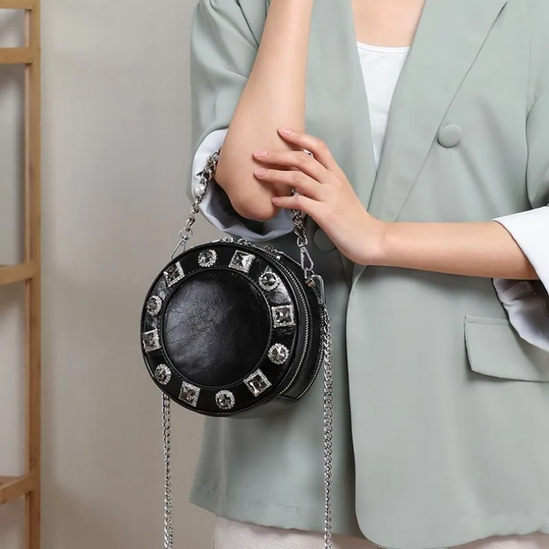 

Fashion Ladies High Quality Leather Small Circular Bag Women Party Packing Diamonds Chain Crossbody Shoulder Bag Pearls Handbag