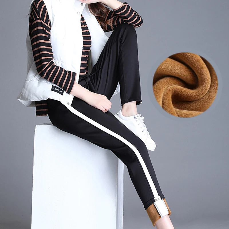 F2 white striped Женские полосатые спортивные штаны, зимние утолщенные плюшевые шаровары из овечьей шерсти, корейские женские повседневные брюки, Pantalones Mujer Cintura Alta - Цвет: F2 white striped