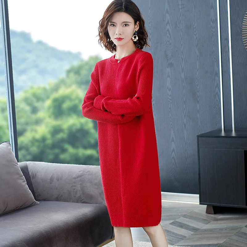 Женское кашемировое платье с круглым вырезом теплое длинное трикотажное
