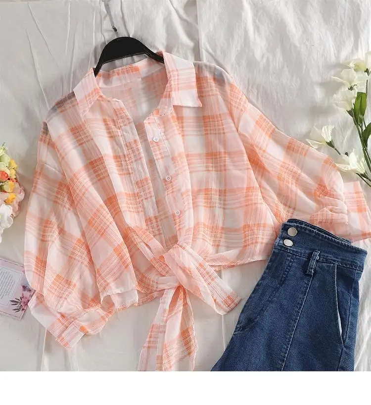 

Summer new small fresh Plaid chiffon shirt women's Korean loose student short tie sunscreen shirt female blouse P3 418