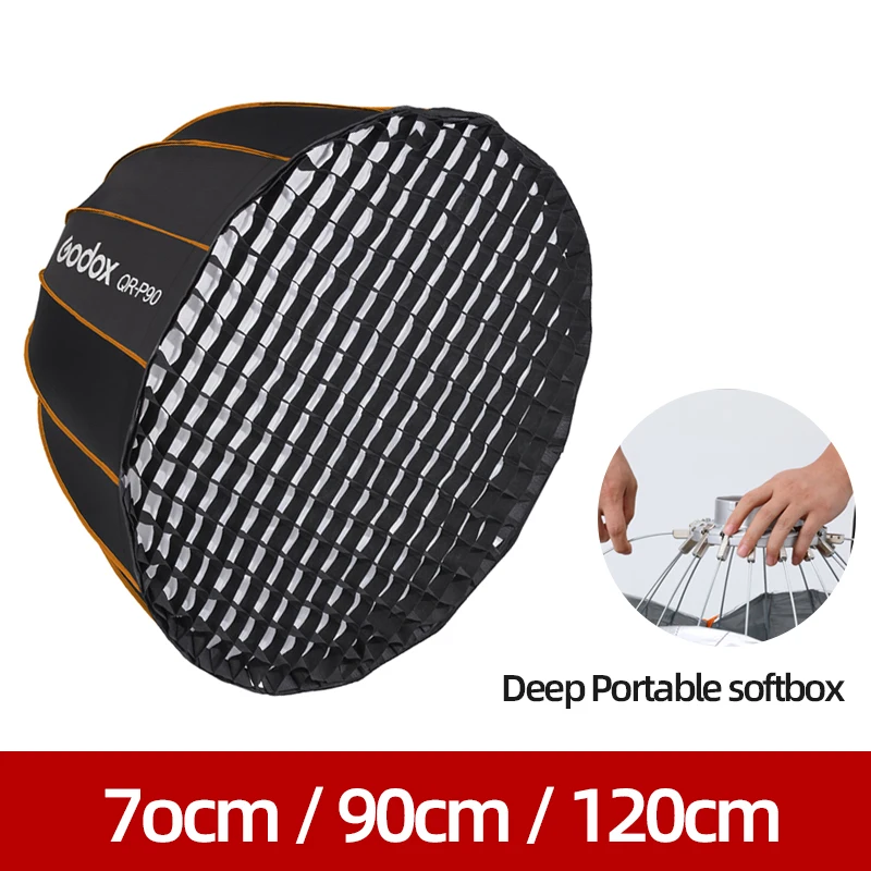 

Godox QR-P70 70CM QR-P90 90CM QR-P120 12CM Quickly Release Parabolic Deep Softbox + Honeycomb Grid for Bowens Mount Studio Flash