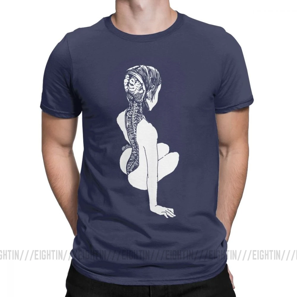 Тёмно-синий Junji Ito, аниме, жуткая манга, японский ужас, Kawaii, милые футболки для девочек, мужские вечерние топы, Винтажная футболка, хлопковая Футболка с круглым вырезом - Цвет: Тёмно-синий