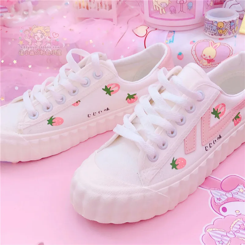 

Japanese sweet lolita shoes round head flat strawberry board shoes kawaii girl sneakers kawaii shoes loli cos