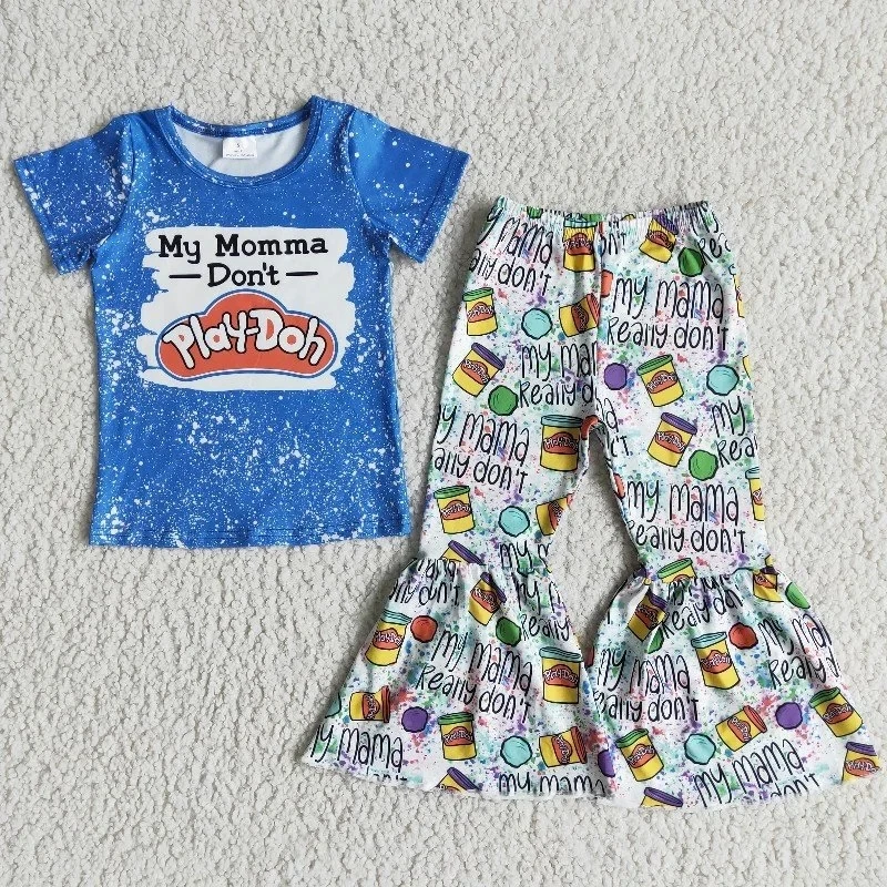 Wholesale Fall Wear Fashion Kids Letter Clothes Set Baby Toddler Girls Outfit Children Spring Boutique Blue Tie Dye Bells Pants