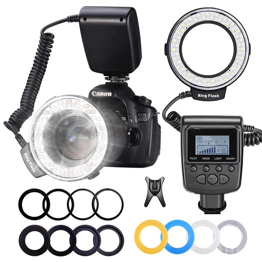 Macro LED Ring Flash Light With 9 Adapter Ring For Nikon Canon Pentax Olympus Panasonic Camera DSLR Ring Flash Kit