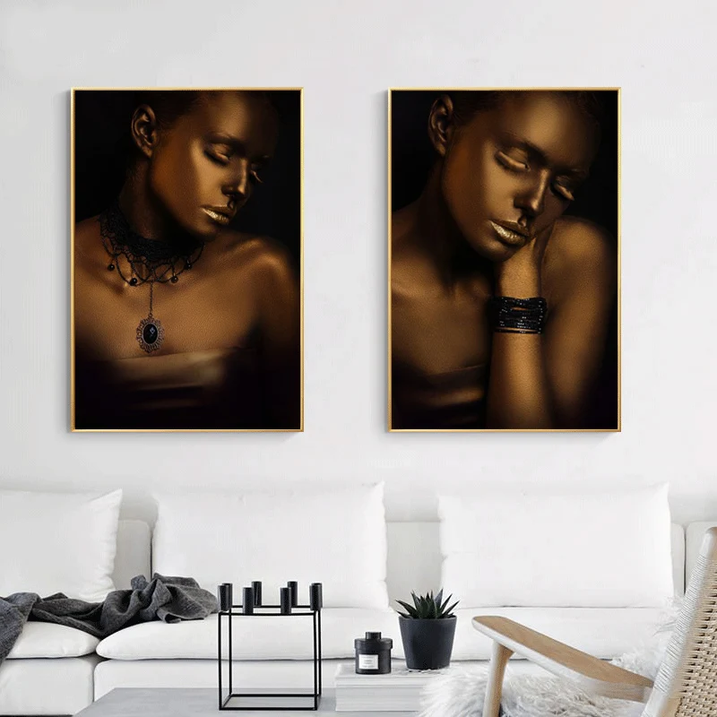 Африканская черная Золотая Картина на холсте девушки модели женские настенные