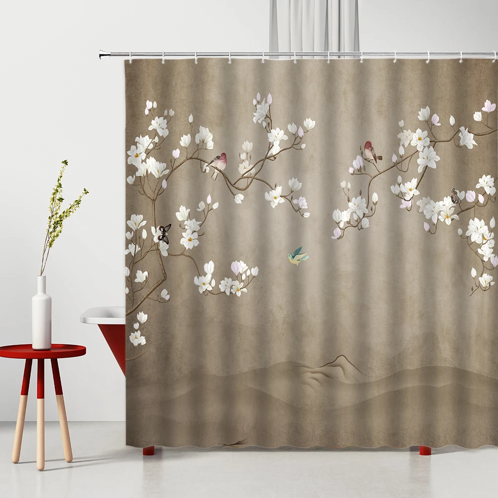 

Chinese-style Shower Curtain Hand Painted Plum Ink Painting Flowers Plant Birds Modern Simplicity Home Decoration Bath Curtains