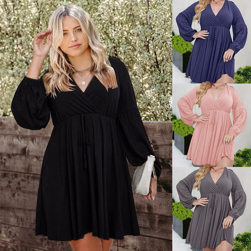 

Spring / Summer New Large Women's Casual Loose Long Sleeve V-neck Dress