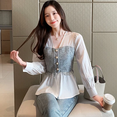 

2020 Aumumn Korea Fake Two Shirts Fashion Patchwork Chiffon Tunic Blouse Elegant Plaid Long Sleeve Blouse