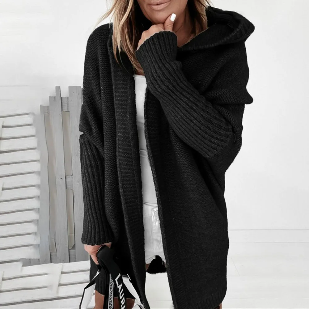 

2021 New Women Sweater Solid Color Hooded Autumn Winter Thicken Warm Casual Simplicity Western Style Knit Cardigan