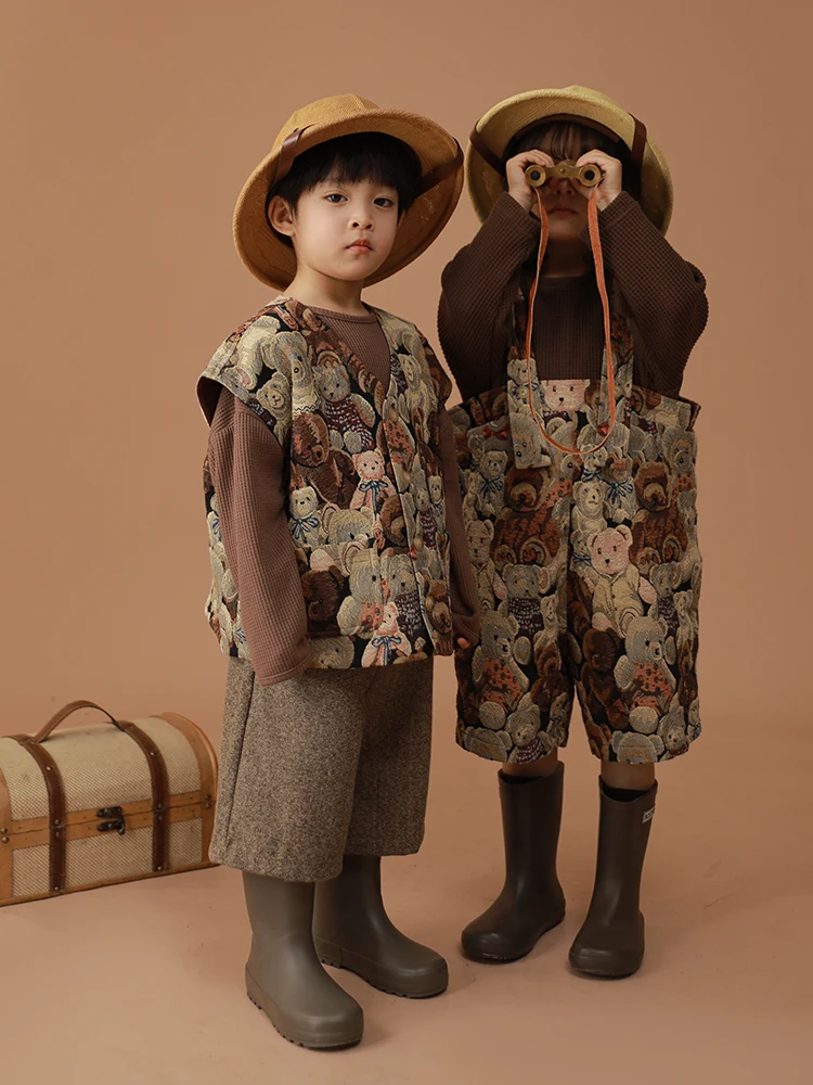 Children's Cartoon Bear Jacquard Girl Dress Retro Shirt Baby Parent-child Outfit Jacket Casual Vest | Мать и ребенок