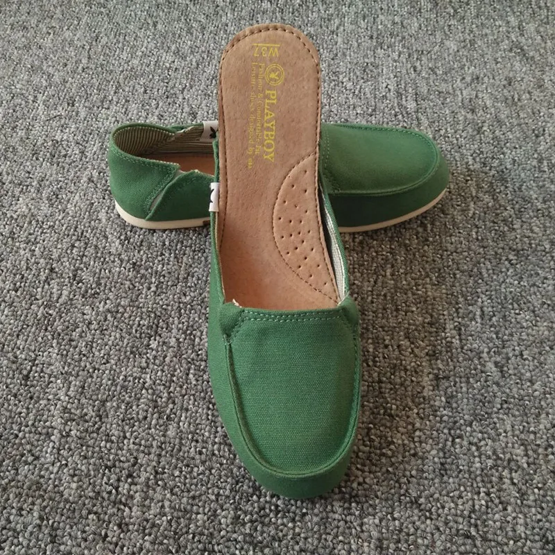 Женская обувь Лоферы Зеленые парусиновые туфли на плоской подошве Сезон весна