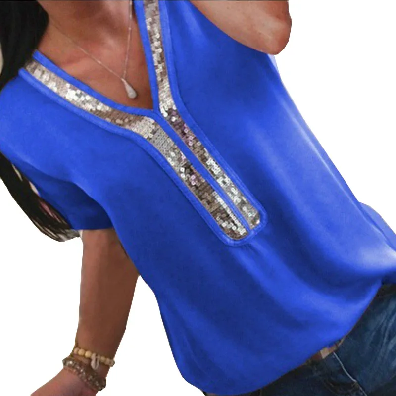 Летняя Туника Женская Футболка с Блестками Лоскутное V-образным Вырезом Футболки Сексуальная Твердые Хлопок Футболка с коротким рукавом Плюс Размер Топы Синий 5XL Русская модная леди