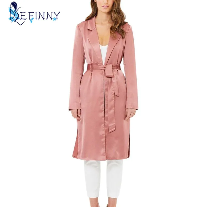 

Pink Satin Self Tie Duster Trench Coat Long Sleeve Wrap Long Outer With Belt Female Casual Autumn Workwear Overcoat
