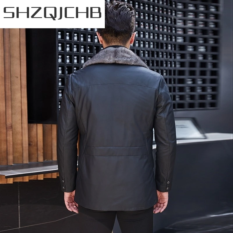 

JCHB 2021 Winter Men Warm Goose down Jacket Mink Fur Collar Sheepskin Genuine Leather Long Coat Windproof Slim Fit Jacket Man Tr
