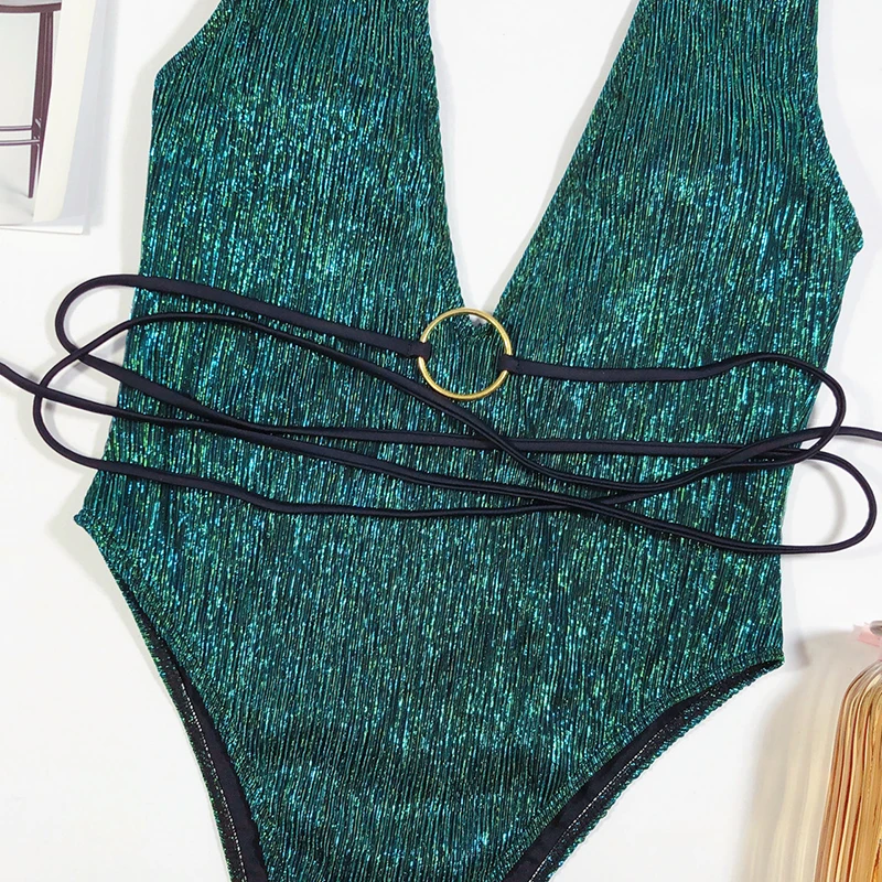 In-X Sexy deep v neck swimsuit one piece Ring swimwear women Green string bodysuit Monokini Bathing suit Bathers new | Спорт и