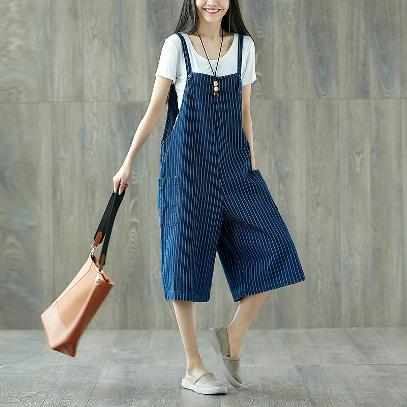 

Summer New Women Denim Jumpsuit Artsy Elegant Classic Retro Striped Fashion Student Sweet Streetwear Wide Leg Suspender Rompers