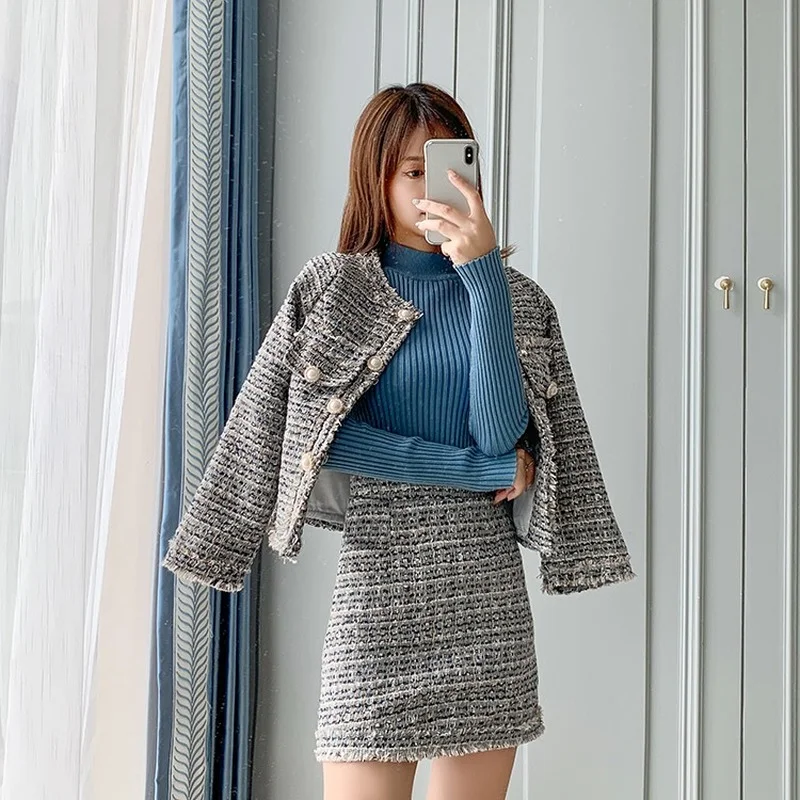 

Frech Style Fashion Two Piece Sets Women Long Sleeve Button Up Tops and High Waist Mini Skirt Suits Outfit Spring Autumn 2021