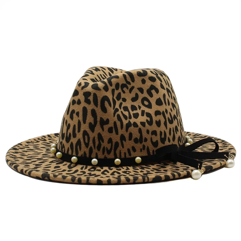 Seioum Felt Fedora Mens Jzz Hats Gentleman Cotton Winter Women Leopard print pearl Wide Brim Top Hat Chapeau Femme