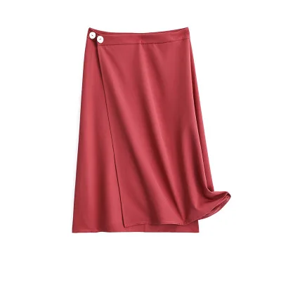 

Spring Women Satin Silk Skirt Elegant Solid Color High Waist Loose Women Office Lady Pink Skirts Womens A-line Long Skirt