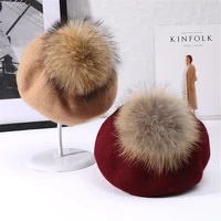autumn winter womens warm cashmere berets 15cm big hairball natural raccoon fur pompom hats pumpkin gorras for women