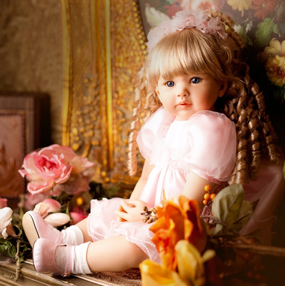 

60CM reborn toddler girl curly blonde hair princess in pink skirt high quality collectible doll lifelike baby 230