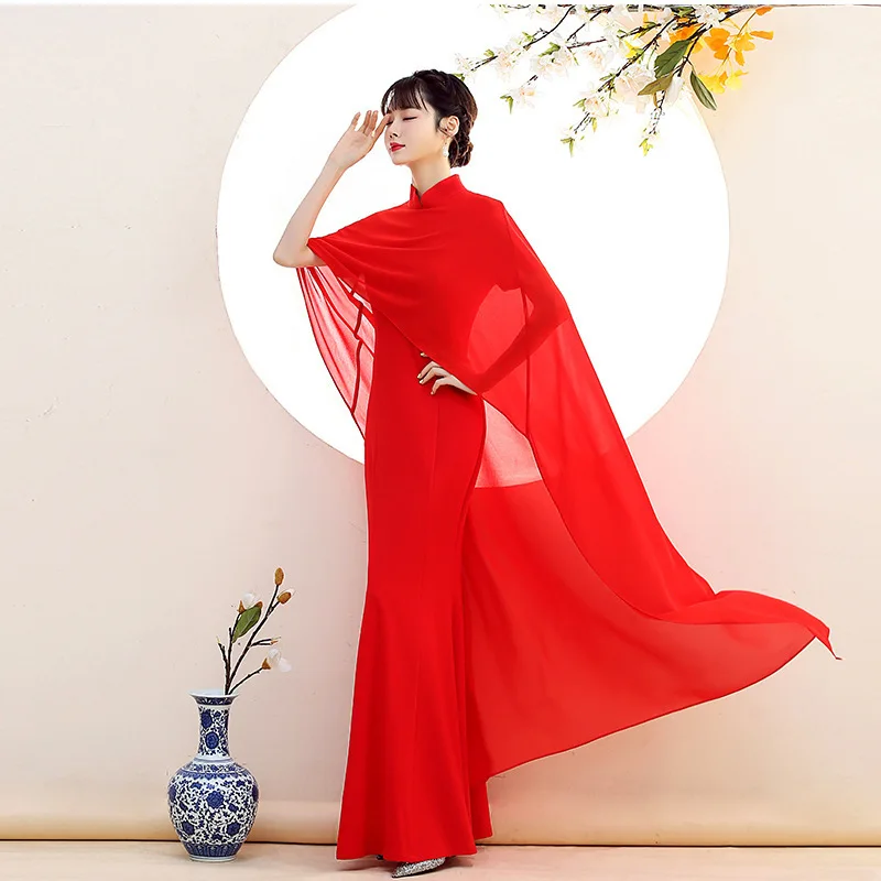 

Big Size 3XL-5XL Lady Rayon Cheongsam Sexy High Split Qipao Evening Party Dress Gown Classic Mesh Shawl Long Chinese Vestidos