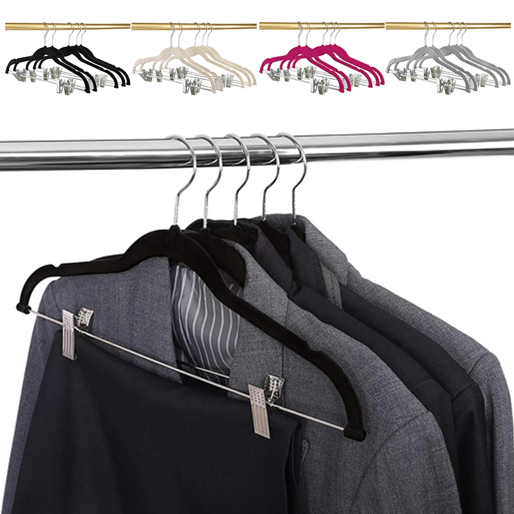 

10 Pack Laundry Closet Non-Slip Clothes Hangers Garment Suit Velvet Wardrobe Organizer Multifunction Drying Rack With Clips