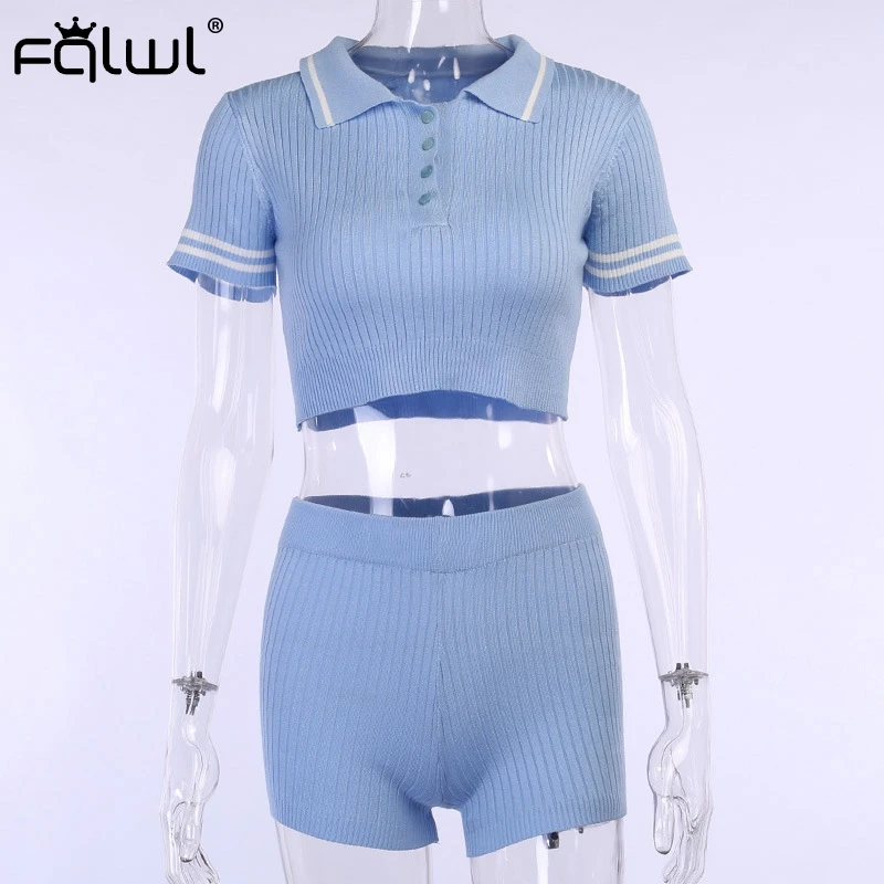 FQLWL ребристый трикотажный комплект из двух предметов женская летняя розовая