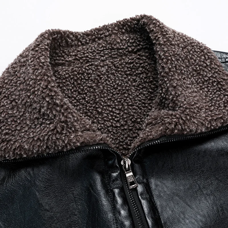 Зимняя мужская кожаная куртка тонкая искусственная кожа толстая пушистая Черная