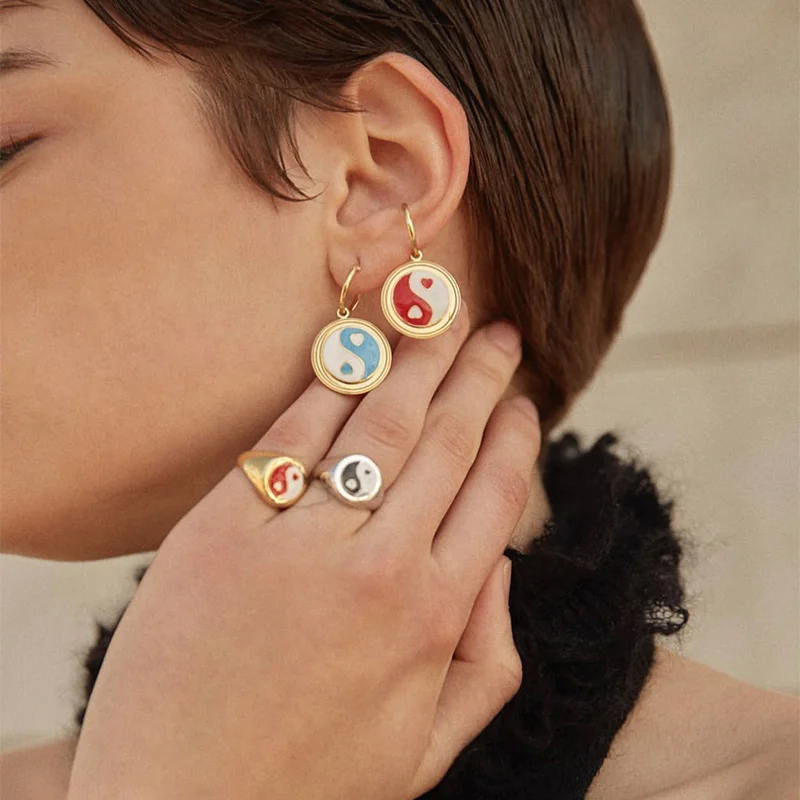

Enamel Yin Yang Tai Chi Rings for Women Gold Silver Color Heart Geometric Metal Chunky Rings 2021 Trendy Jewelry