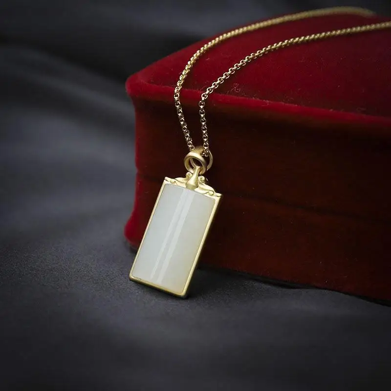

Yunyao Jade Natural Hetian Jade White Jade Pendant Square Jade Necklace Simple Big Name Birthday Gift