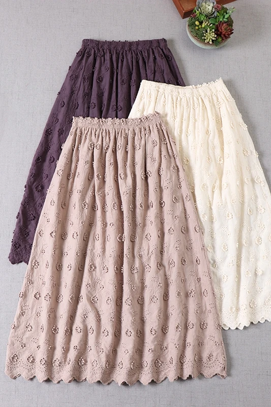 

Mori Women'S Three-Dimensional Embroidered Flower Cotton Skirt Spring New Double A-Line Solid Color Skirt