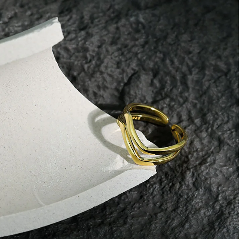 

YPAY 100% Genuine 925 Sterling Silver Open Rings for Women Korea INS Double Layers Lines Wave Bague Jewelry YMR1179